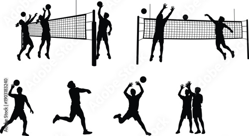 Black silhouettes of volleyball players in various actions sport