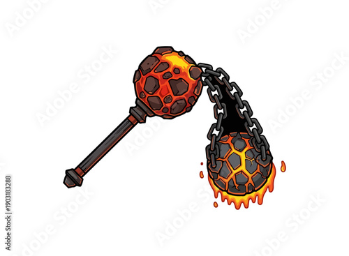 Fiery flail weapon illustration on black background