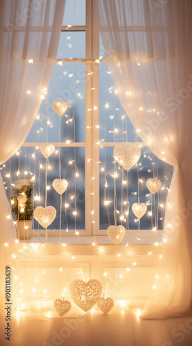 Cosy home atmosphere with window with curtains and hearts decoration.