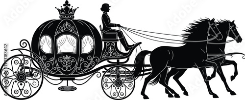 Ornate Royal Pumpkin Carriage Silhouette Featuring Two Horses and Driver for Fairy Tale Wedding Cinderella Theme and Magical Fantasy Illustration (20 words)