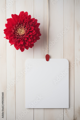 Blank white card with red flower on a wooden background.