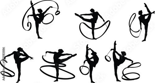 Rhythmic gymnastics silhouettes with ribbons gymnasts black and white