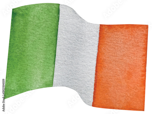 Set of Watercolor Illustrations for St. Patrick's Day. Hand drawn isolated clipart with a leprechaun hat, clovers, golden coins, Irish Flag, green beer and a pot of gold. Talismans for good luck