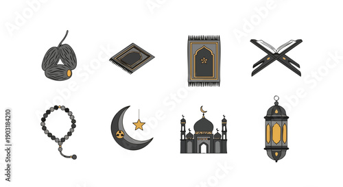 Ensemble dIcônes Rituelles Islamiques Monochromes Or
