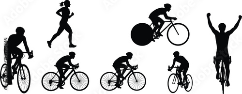 Black silhouettes of people running and cycling bicycles