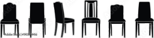 Six black chairs in different angles on white background furniture silhouette
