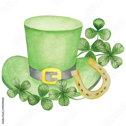 Set of Watercolor Illustrations for St. Patrick's Day. Hand drawn isolated clipart with a leprechaun hat, clovers, golden coins, Irish Flag, green beer and a pot of gold. Talismans for good luck