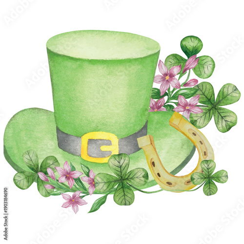 Set of Watercolor Illustrations for St. Patrick's Day. Hand drawn isolated clipart with a leprechaun hat, clovers, golden coins, Irish Flag, green beer and a pot of gold. Talismans for good luck