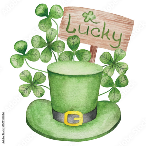 Set of Watercolor Illustrations for St. Patrick's Day. Hand drawn isolated clipart with a leprechaun hat, clovers, golden coins, Irish Flag, green beer and a pot of gold. Talismans for good luck