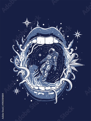 Astronaut floating inside a giant open mouth portal.