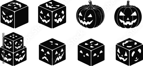 Black and white jack o lantern faces on cubes and pumpkins halloween