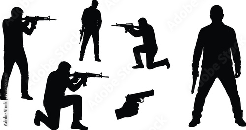 Black silhouettes of men with guns in various poses white background