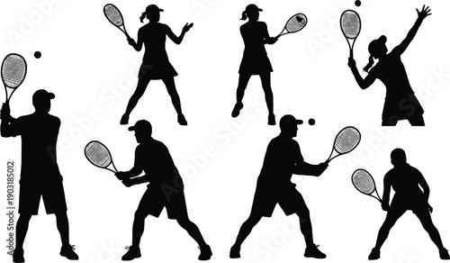 Professional tennis player silhouettes set featuring male and female athletes in various action poses serves and hitting volleys