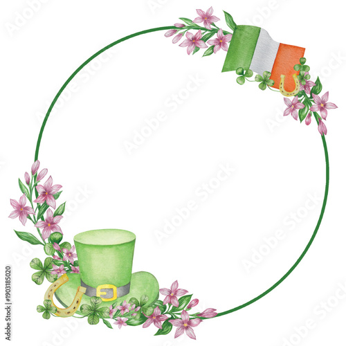 Set of Watercolor Illustrations for St. Patrick's Day. Hand drawn isolated clipart with a leprechaun hat, clovers, golden coins, Irish Flag, green beer and a pot of gold. Talismans for good luck