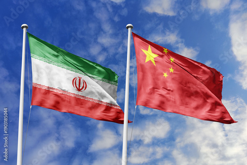 Canvas Print Iran and China National Flags Waving Together Against a Blue Cloudy Sky Symboliz