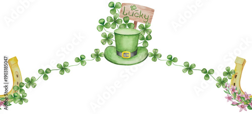 Set of Watercolor Illustrations for St. Patrick's Day. Hand drawn isolated clipart with a leprechaun hat, clovers, golden coins, Irish Flag, green beer and a pot of gold. Talismans for good luck