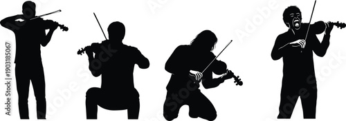 Four black silhouettes of musicians playing violins in different poses