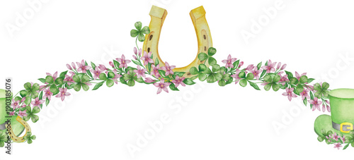 Set of Watercolor Illustrations for St. Patrick's Day. Hand drawn isolated clipart with a leprechaun hat, clovers, golden coins, Irish Flag, green beer and a pot of gold. Talismans for good luck