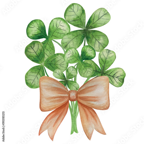 Set of Watercolor Illustrations for St. Patrick's Day. Hand drawn isolated clipart with a leprechaun hat, clovers, golden coins, Irish Flag, green beer and a pot of gold. Talismans for good luck