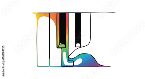 Vibrant abstract illustration of piano keys with rainbow colors flowing across the musical