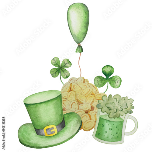 Set of Watercolor Illustrations for St. Patrick's Day. Hand drawn isolated clipart with a leprechaun hat, clovers, golden coins, Irish Flag, green beer and a pot of gold. Talismans for good luck