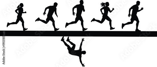 Black silhouettes of people running and one person falling white background