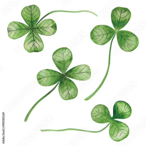 Set of Watercolor Illustrations for St. Patrick's Day. Hand drawn isolated clipart with a leprechaun hat, clovers, golden coins, Irish Flag, green beer and a pot of gold. Talismans for good luck