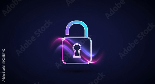 Vibrant neon glowing unlocked padlock icon symbolizing digital security and internet access