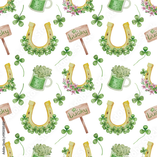 Set of Watercolor Illustrations for St. Patrick's Day. Hand drawn isolated clipart with a leprechaun hat, clovers, golden coins, Irish Flag, green beer and a pot of gold. Talismans for good luck