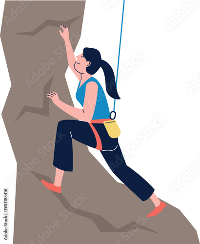 Professional climber woman on mountain. Athlete with sport equipment