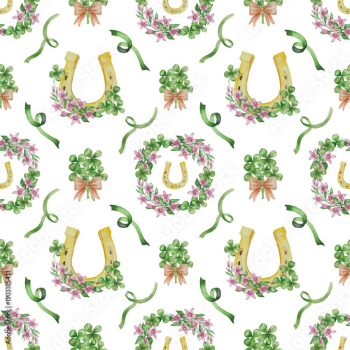 Set of Watercolor Illustrations for St. Patrick's Day. Hand drawn isolated clipart with a leprechaun hat, clovers, golden coins, Irish Flag, green beer and a pot of gold. Talismans for good luck