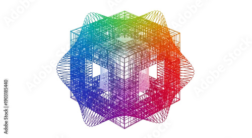 Intricate rainbow colored wireframe structure abstract 3d geometric cube design on white