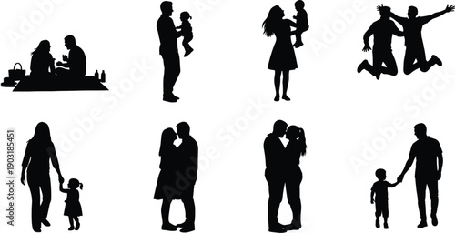 Black silhouettes of people in various family and social interactions couples