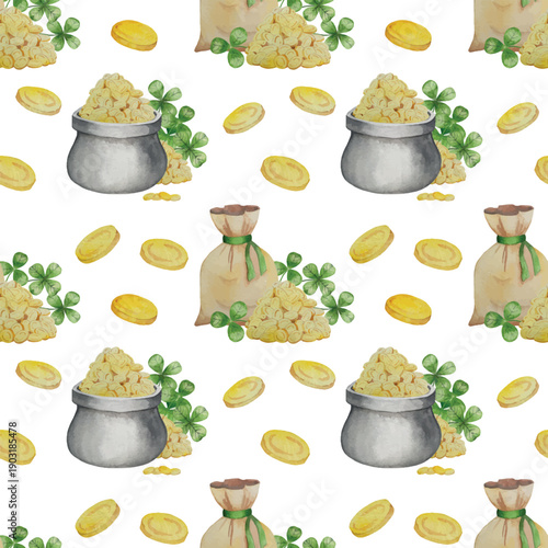 Set of Watercolor Illustrations for St. Patrick's Day. Hand drawn isolated clipart with a leprechaun hat, clovers, golden coins, Irish Flag, green beer and a pot of gold. Talismans for good luck