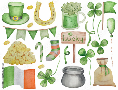 Set of Watercolor Illustrations for St. Patrick's Day. Hand drawn isolated clipart with a leprechaun hat, clovers, golden coins, Irish Flag, green beer and a pot of gold. Talismans for good luck