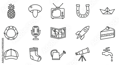 Diverse Outline Icons Collection Including Food, Travel, Technology, and Household Items