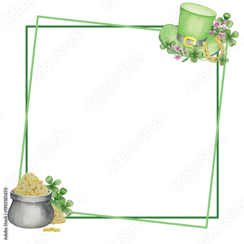Set of Watercolor Illustrations for St. Patrick's Day. Hand drawn isolated clipart with a leprechaun hat, clovers, golden coins, Irish Flag, green beer and a pot of gold. Talismans for good luck