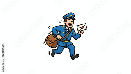 Cartoon mailman running with a letter and bag.