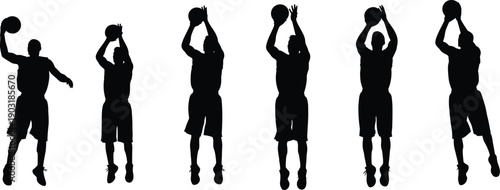 Silhouettes of men shooting basketballs in different positions sports athletic