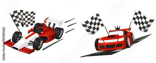 Two red race cars with checkered flags on a white background