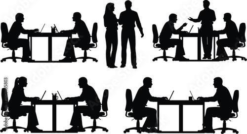 Office workers sitting standing communicating laptops people silhouettes