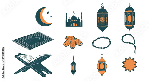 Icônes Plates Bicolores dObjets Sacrés du Ramadan