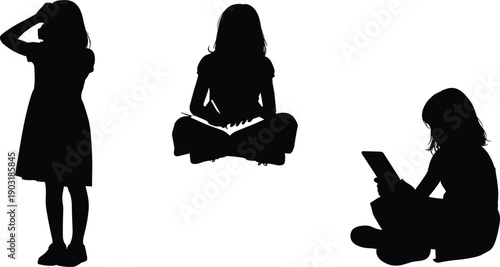 Three black silhouettes of women reading and posing white background