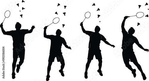 Four black silhouettes of men playing badminton with shuttlecocks rackets