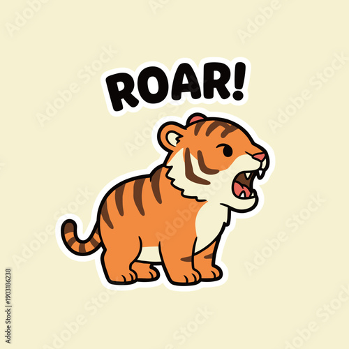 Cute Baby Tiger Roaring Sticker Illustration with Bold Text on Pale Background for Kids Design Projects and Jungle Animal Themed Decorations