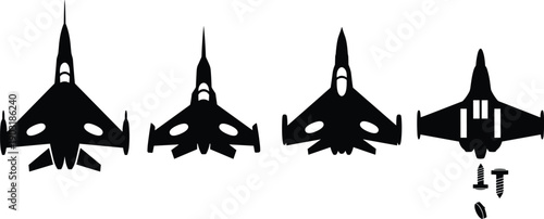Four jet fighter jet fighter silhouette with screws airplane military