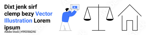 Person presenting a laptop with a video, scales symbolizing justice, and house outline. Ideal for justice, home security, digital education, business, property law, equity and simple landing page