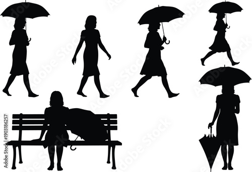 Black silhouettes of women walking and sitting with umbrellers woman umbrella