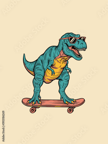 Cool TRex Dinosaur Riding a Skateboard with Sunglasses.