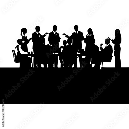 Silhouette of a diverse group of business professionals engaged in a crucial corporate meeting discussing strategy, planning, and teamwork implementation for organizational success